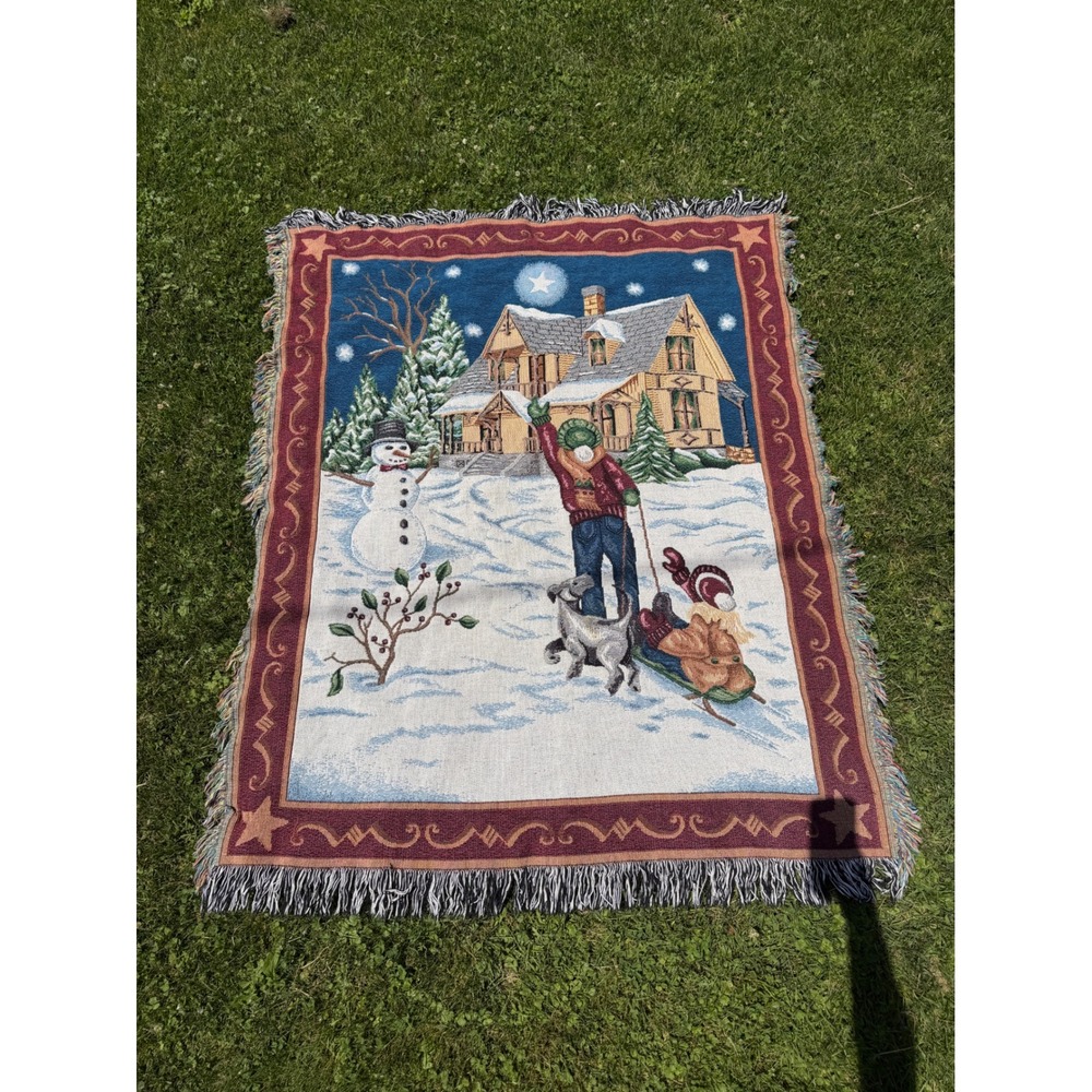 Woven Tapestry Throw Blanket 58x49 Vintage Winter Scene Sledding Snowman Decor